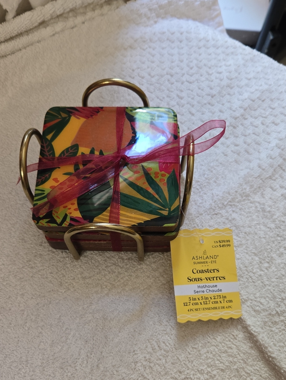 Ashland Tropical Leaf Coaster Set with Gold-Tone Holder and Pink Ribbon